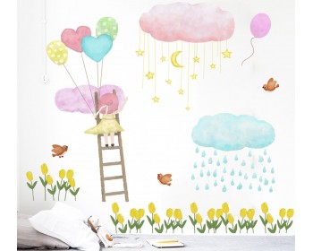 Cartoon Balloon Clouds with and Flowers Girl Room Stickers Cartoon Balloon Clouds with and Flowers Girl Room Stickers
